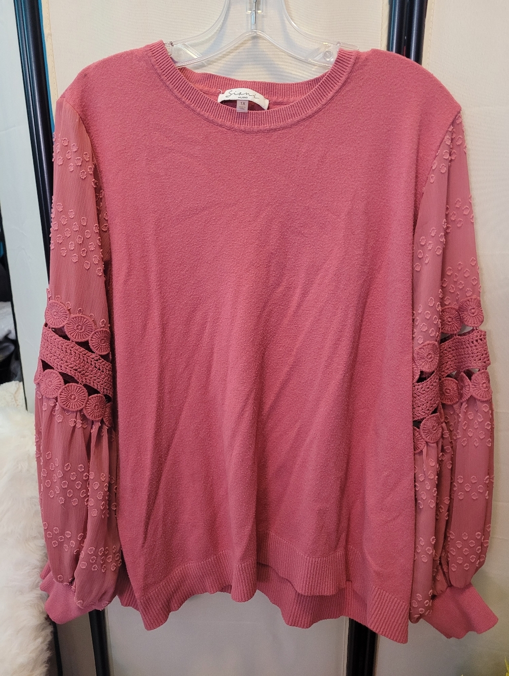 Sioni Dusty Rose Embroidered Lace Sleeve Sweater Top